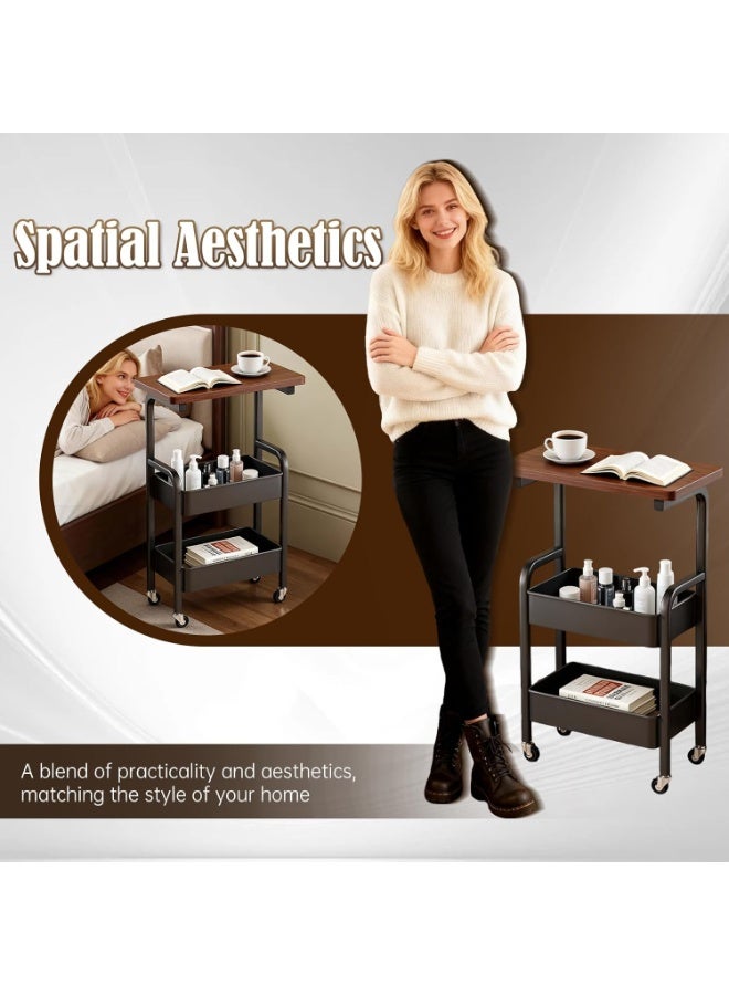 Bukela 3-Tier Rolling Cart with Wooden Tabletop, Metal Utility Storage Cart with Wheels, Multifunctional Movable Serving Cart, for Office, Book Organizer for Classroom, Home, Bedroom - Image 5